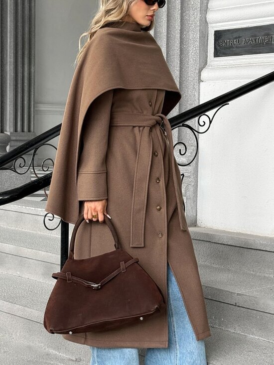 Jackets & Blazers - Brown Elegant Women's Double-Breasted Cloak-Sleeve Midi Trench Coat Jacket